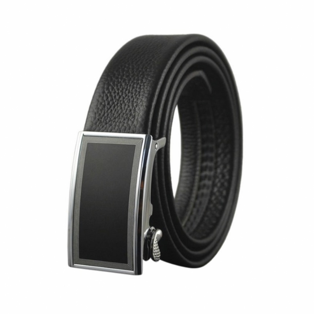 Stainless Steel & Flat Black Leather Belt & Silver Buckle New